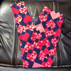 LulaRoe One Size leggings, NEW, Dk Blue, red, pink geometric pattern, fits 2-10